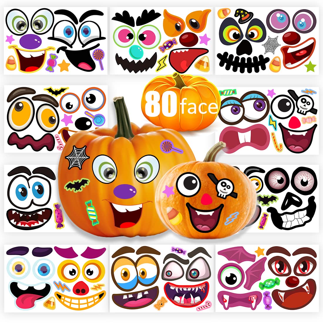 80 Packs Pumpkin Decorating Kit - Make Pumpkin Face Stickers in 20 Designs