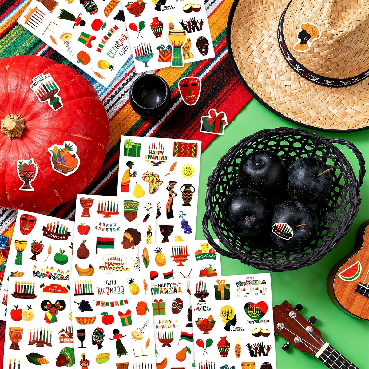 Kwanzaa Stickers, 426 PCS Happy Kwanzaa Stickers, 24 Sheets Self-Adhesive African American Festival Holiday Sticker Crafted Decals for Scrapbooking Activity Decorations Party Favors