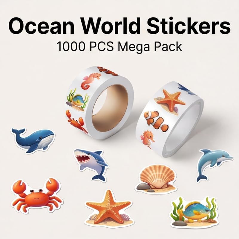 Ocean Animal Stickers 1000 Pack, 2 Rolls, 16 Unique Designs
