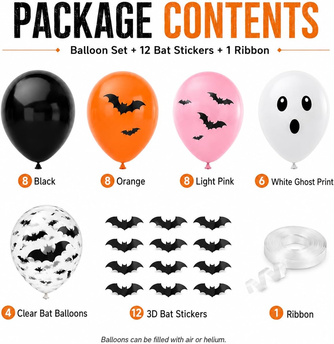 Halloween Balloons Pink Orange Black Ghost 3D Bat Stickers Boo Party Decor