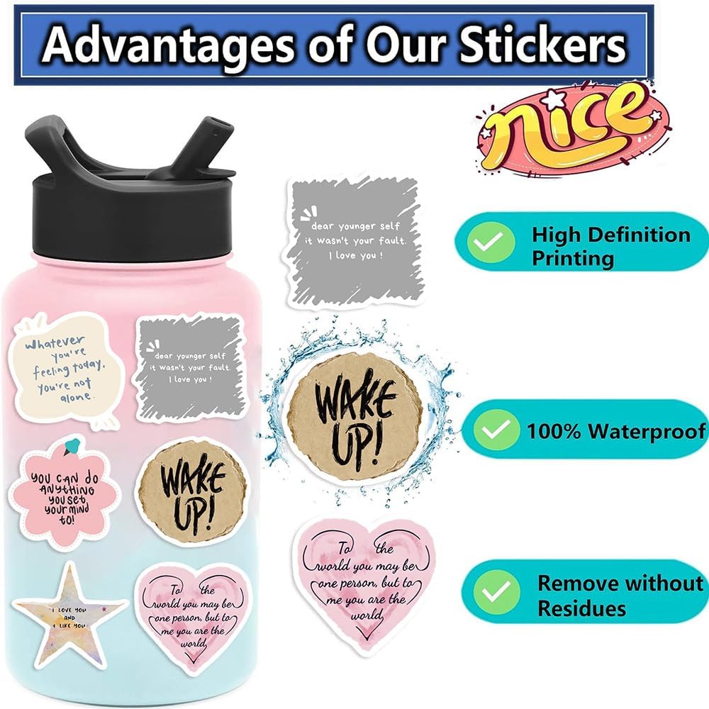 50PCS Aesthetic Positive Quote Stickers, Waterproof Vinyl Motivational Text Decals for Scrapbooking, Journaling, Water Bottles, Laptops, Envelopes, Inspirational Self-Love Stickers for Women