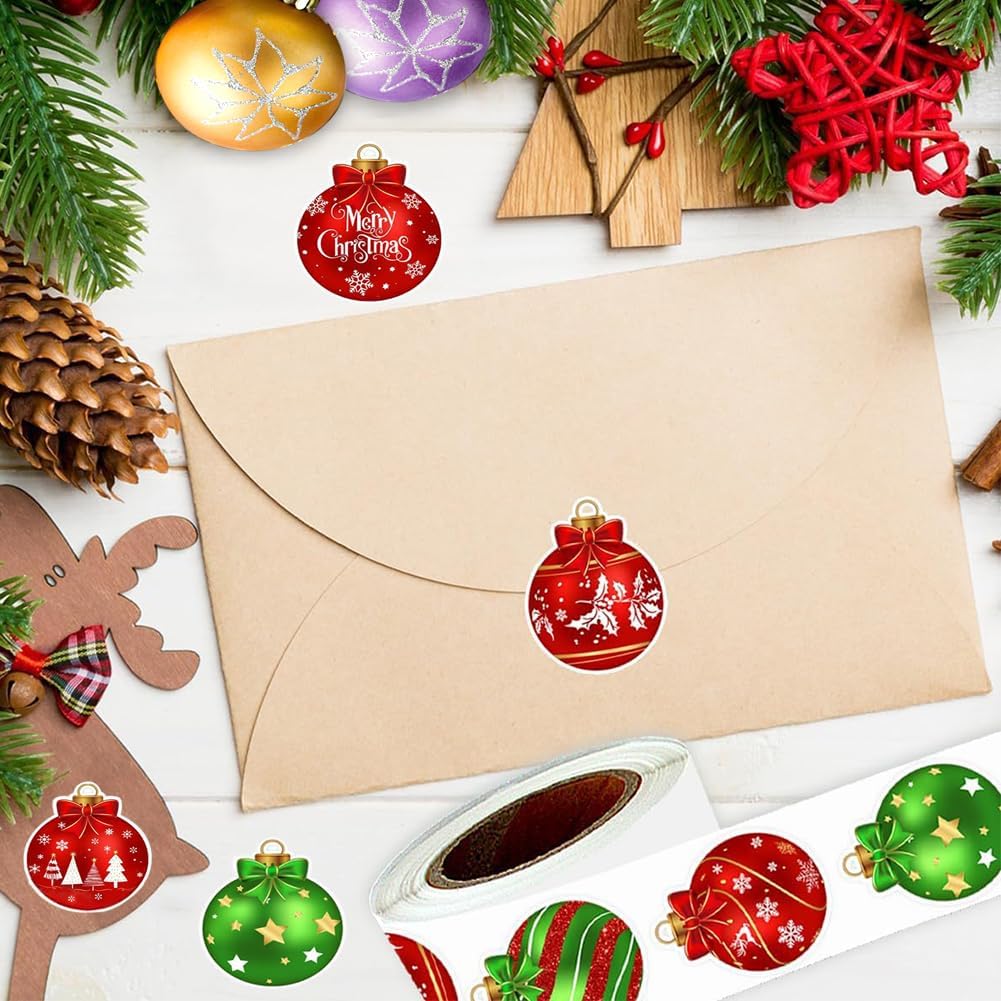 500Pcs Christmas Bauble Stickers Roll 1.2in Winter Xmas Bell Sticker
