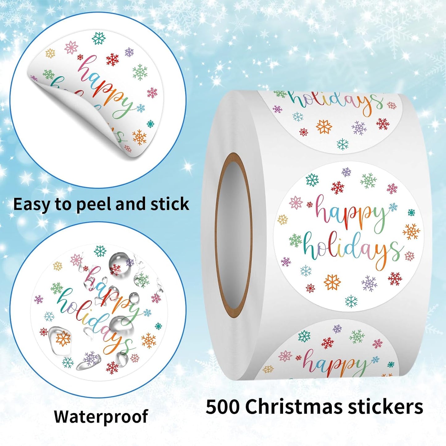 Heyfibro 500 Pcs 1.5 Inch Happy Holidays Stickers Christmas Sticker Roll for Envelopes,Gift Packing,Cards,Party Supplies (Snowflake)