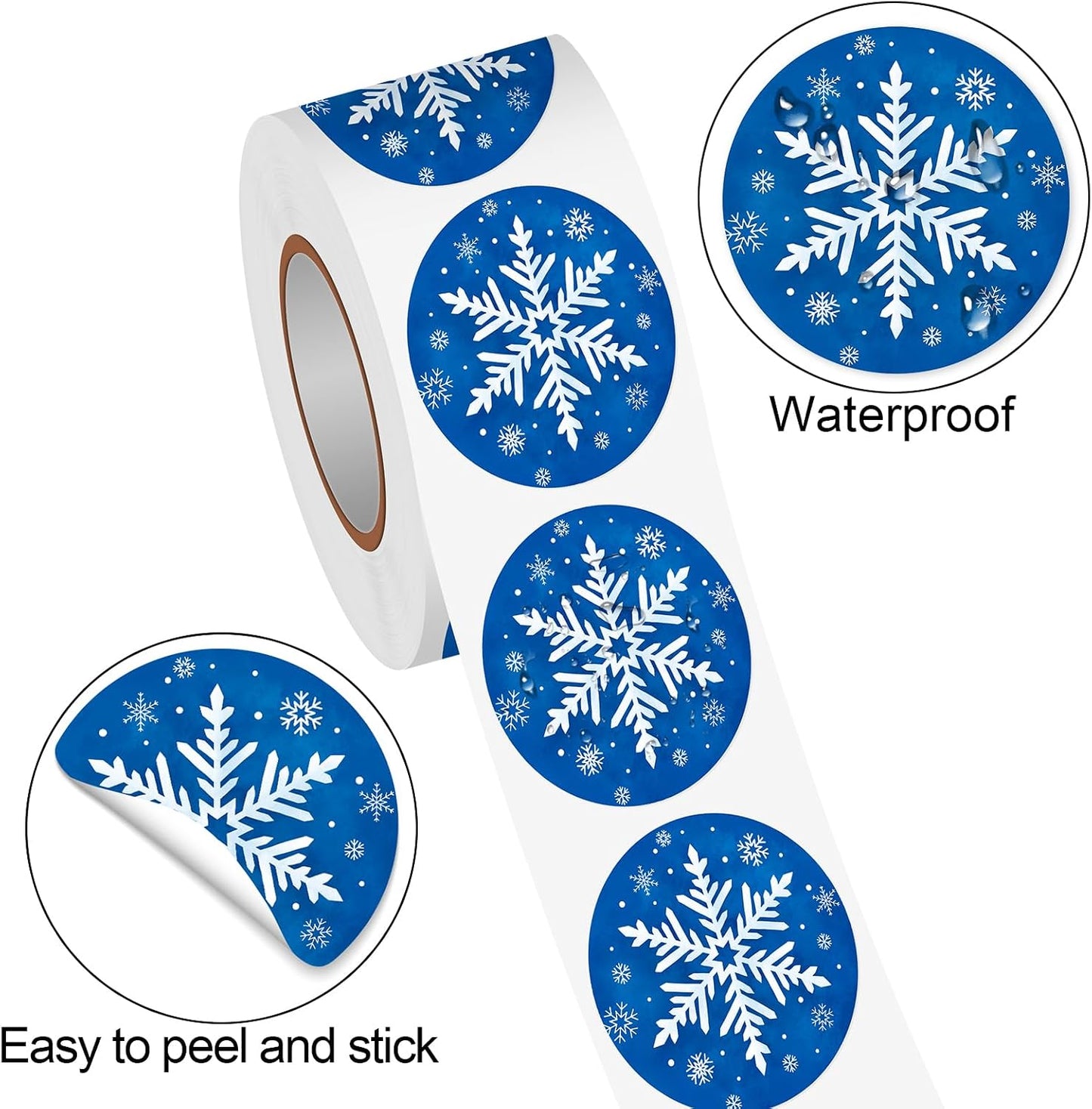 Winter Snowflake Label Stickers Roll, 1.5 inch 500 Pcs Christmas Round Stickers Blue with White Design for Holiday Cards Party Decor Craft Supplies
