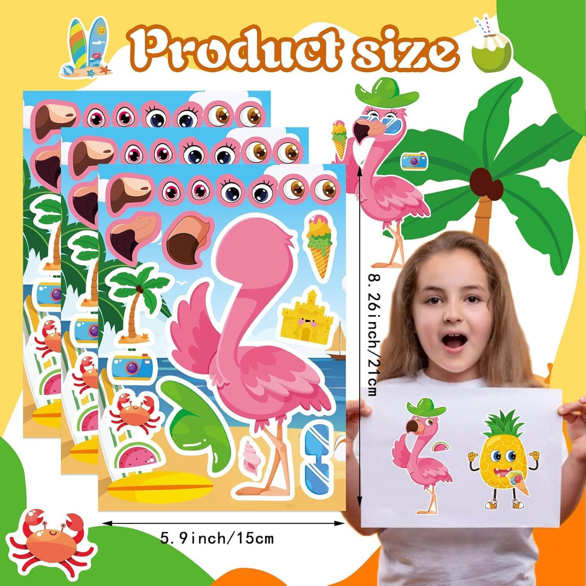 32 Sheets Summer Stickers for Kids, Make a Face Sticker Hawaii Tropical Pool Beach Stickers, Make Your Own Watermelon Pineapple Flamingo Sticker for Tropical Luau Party, Summer Holiday Party Favors
