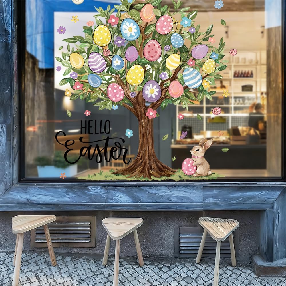 6 Sheets Extra Large Easter Egg Tree Window Clings 31.5 Inch for Kids Home School Office Classroom Party Supplies