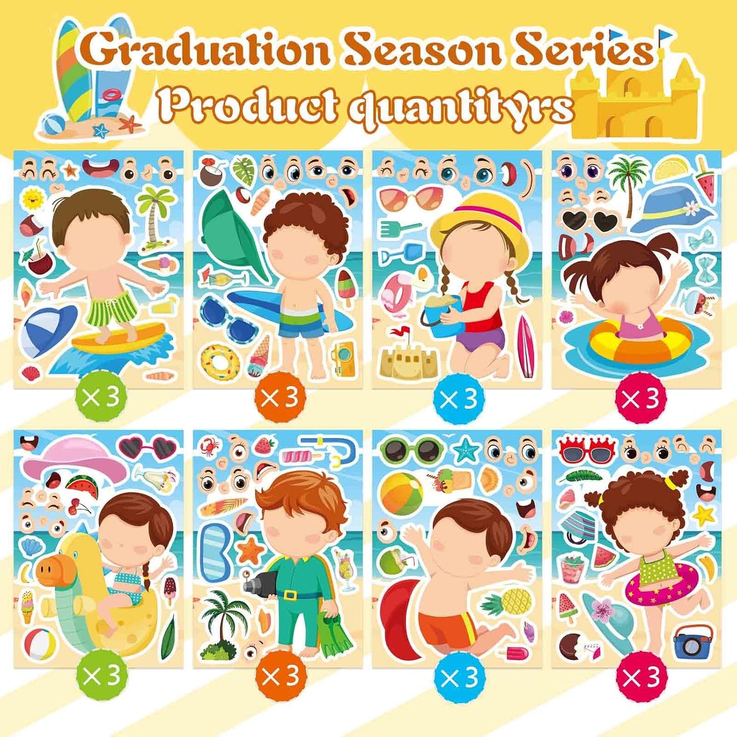 24PCS Summer Stickers for Kids, Make-a-face Stickers, Make Your Own Sticker