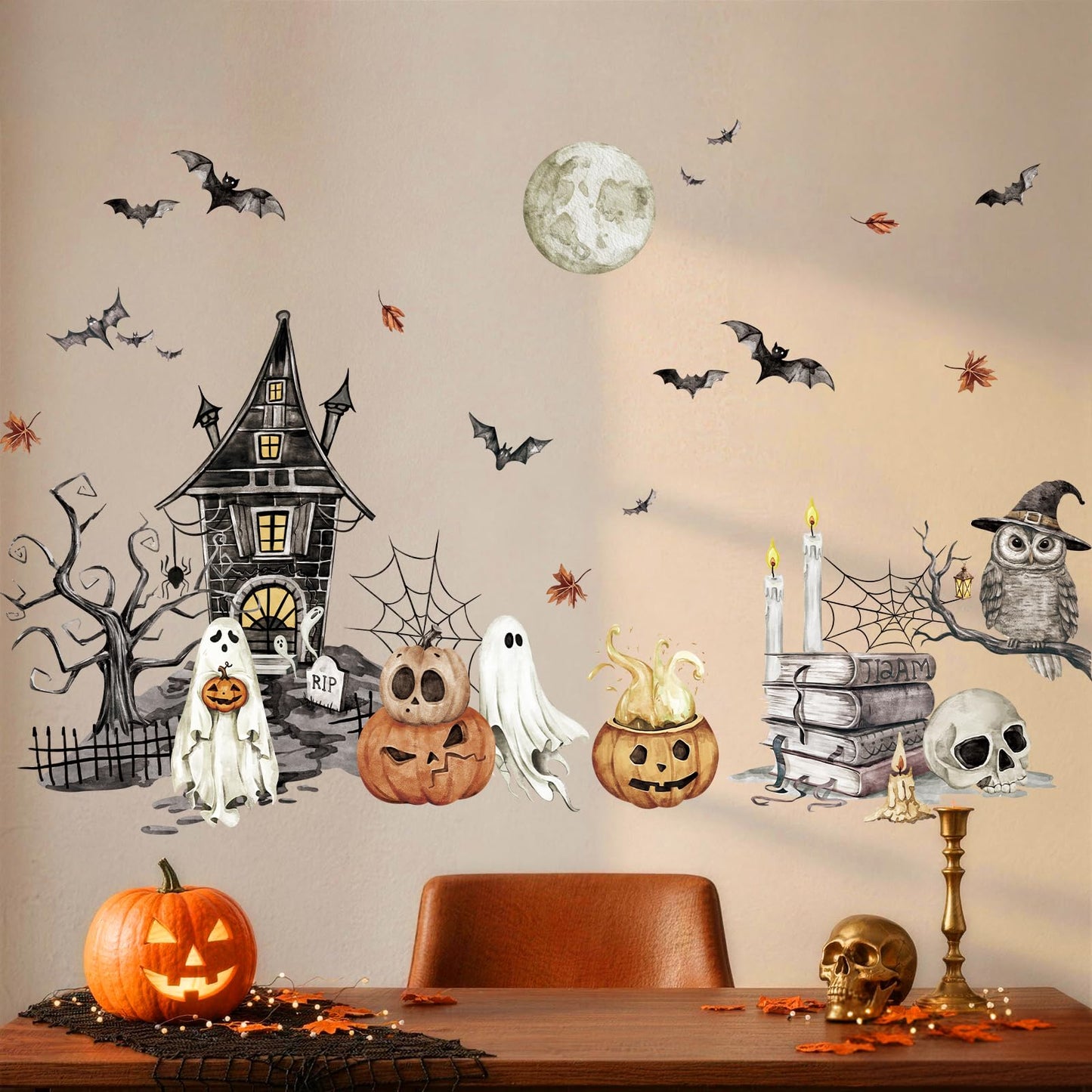 SHUCHING Halloween Black Castle Wall Decal, Bat Pumpkin Wall Sticker