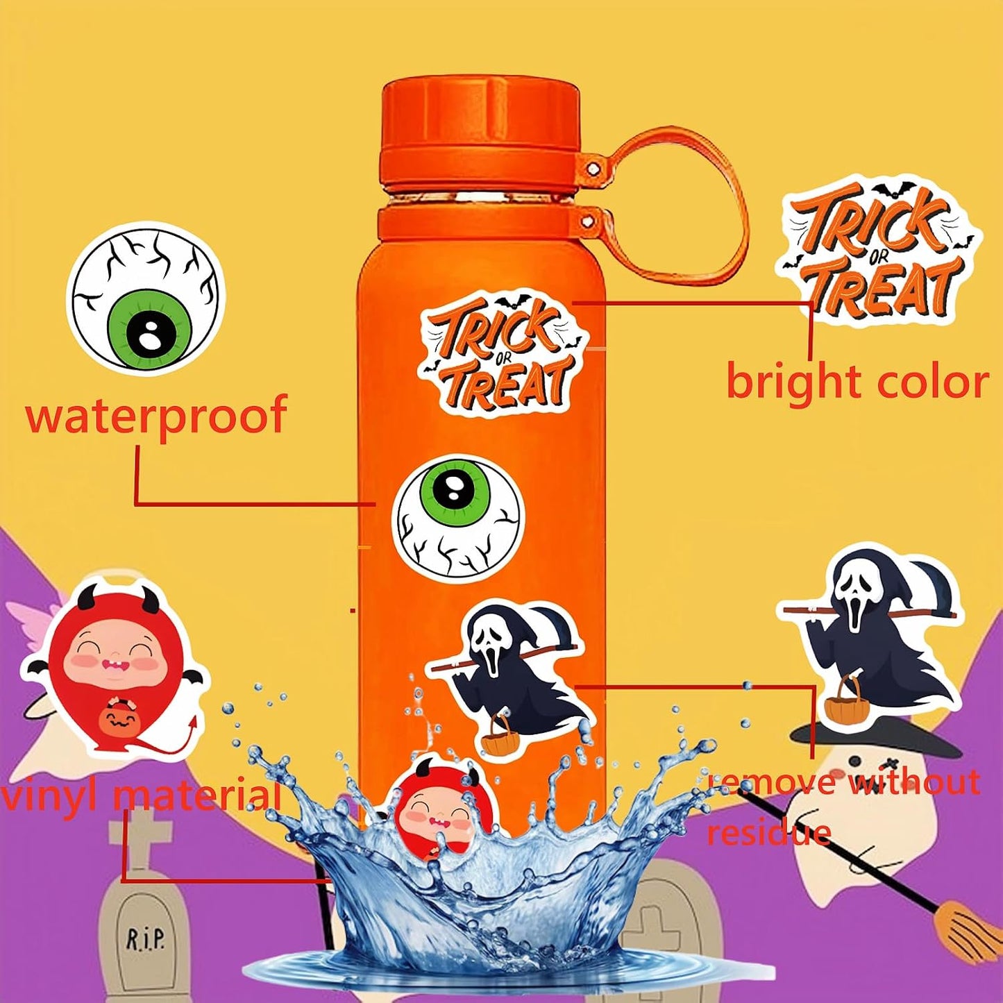 300Pcs Halloween Stickers for Kids Teens Adults, Waterproof Non-Repeating Vinyl Bulk Halloween Pumpkin Stickers for Holiday Party Favors Classroom Crafts Gifts Prizes Decorations