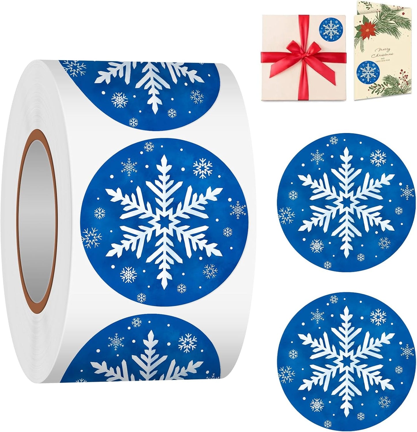 Winter Snowflake Label Stickers Roll, 1.5 inch 500 Pcs Christmas Round Stickers Blue with White Design for Holiday Cards Party Decor Craft Supplies