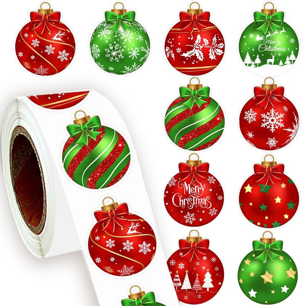 500Pcs Christmas Bauble Stickers Roll 1.2in Winter Xmas Bell Sticker