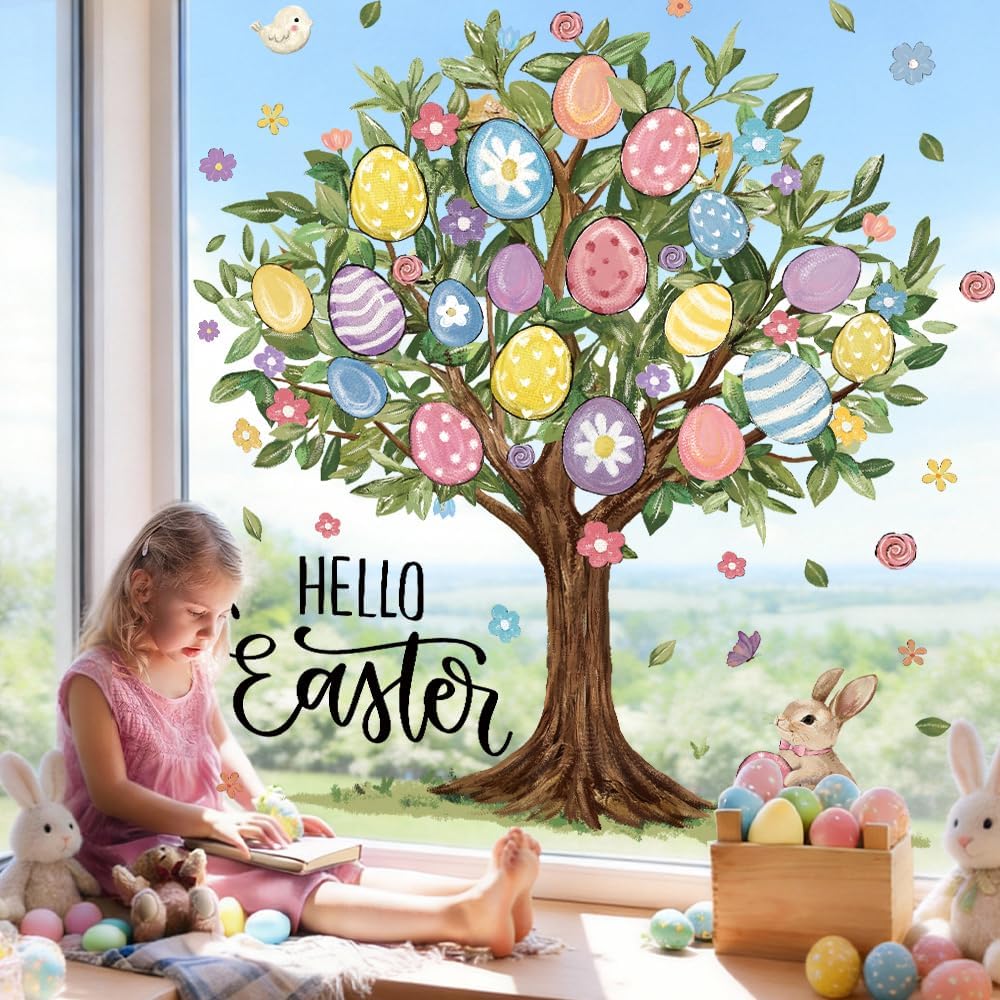 6 Sheets Extra Large Easter Egg Tree Window Clings 31.5 Inch for Kids Home School Office Classroom Party Supplies