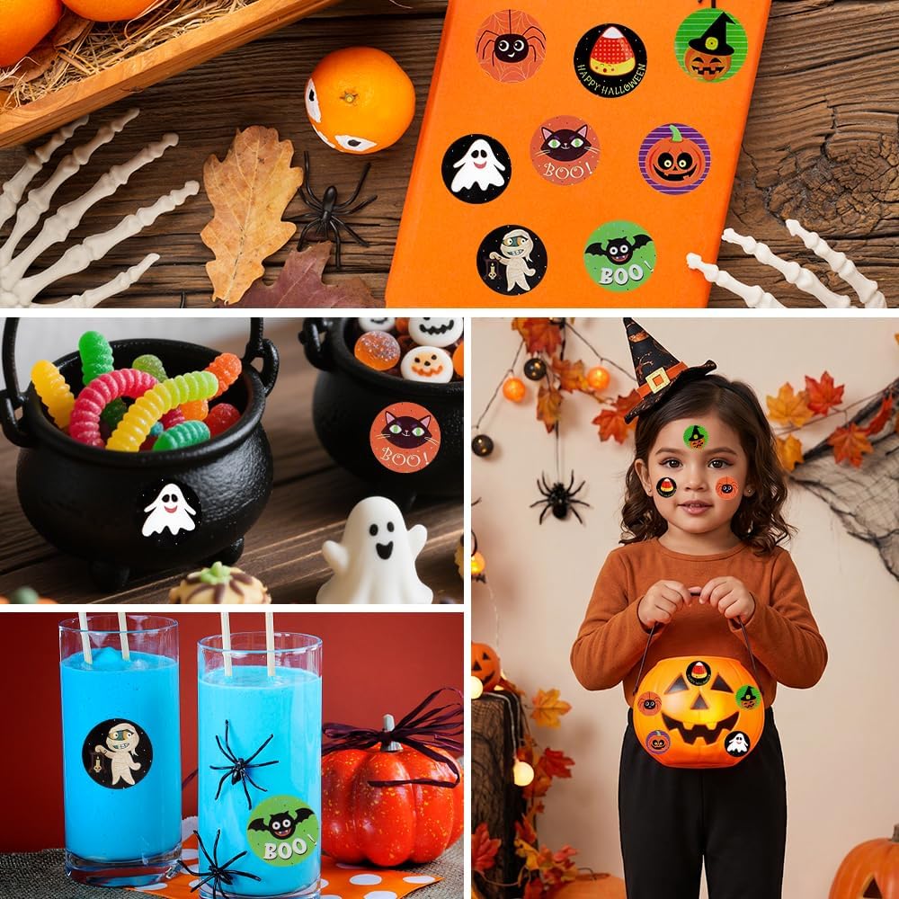 Halloween Stickers for Adults, 500PCS Round Happy Halloween Roll, Self Adhesive Spider Pumpkin Bat Seals Label Sticker Decals for Cards Gift Envelopes Crafts Holiday Halloween Party Favors Decorations