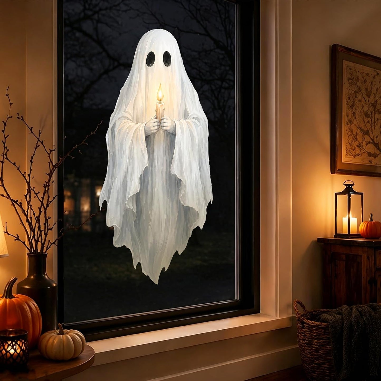 AnyDesign Halloween Ghost Window Clings Spooky Ghost Holding Handle Reusable Window Decals Stickers for Holiday Party Store Glass Decoration