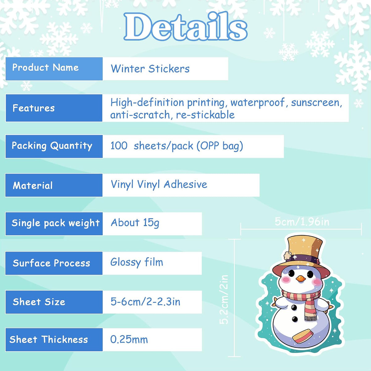 OHOME Winter Stickers | 100 PCS Snowflake Stickers for Kids - Vinyl Winter Games Toys Gifts Activities Party Favors Supplies - Snowman Crafts Bulk for Classroom Home