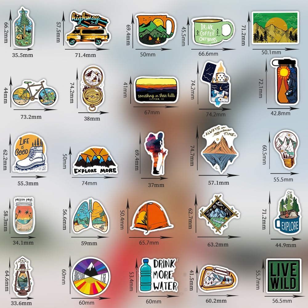 100 PCS Outdoor Camping Travel Stickers, Nature Scenic Sticker Packs Hiking Mountain Wildlife Adventure Decals for Men, Vinyl Waterproof Sticker for Water Bottles Luggage Suitcases Bike Kayak Camping