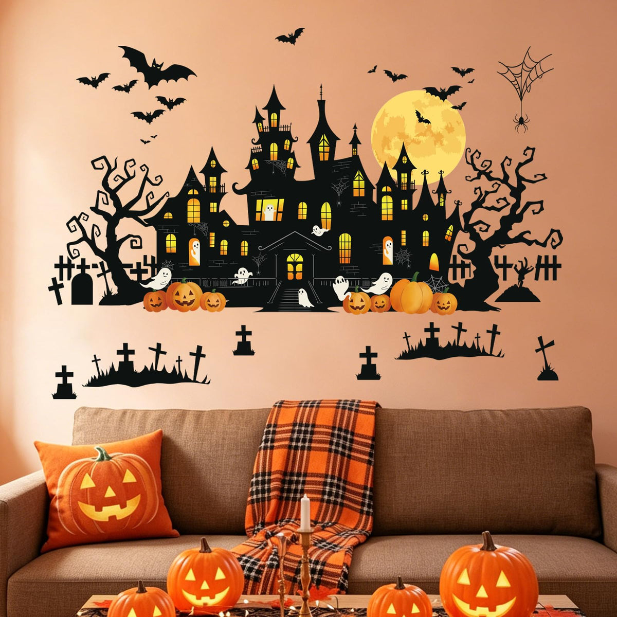 SHUCHING Halloween Castle Ghost Wall Decal, Bat Pumpkin Wall Sticker