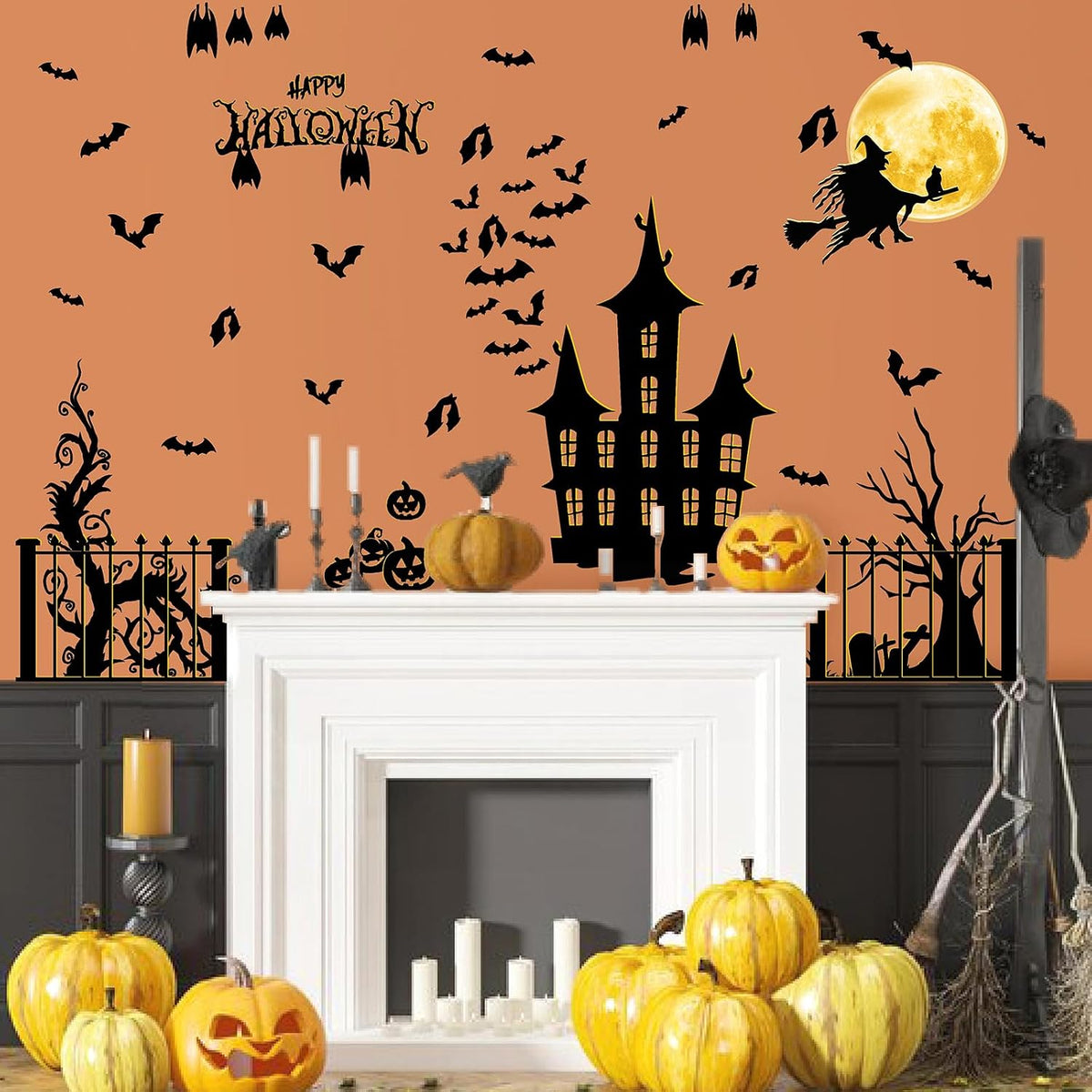 Halloween Moon Bat Wall Decals Witch Haunted House Tree Wall Stickers Decor