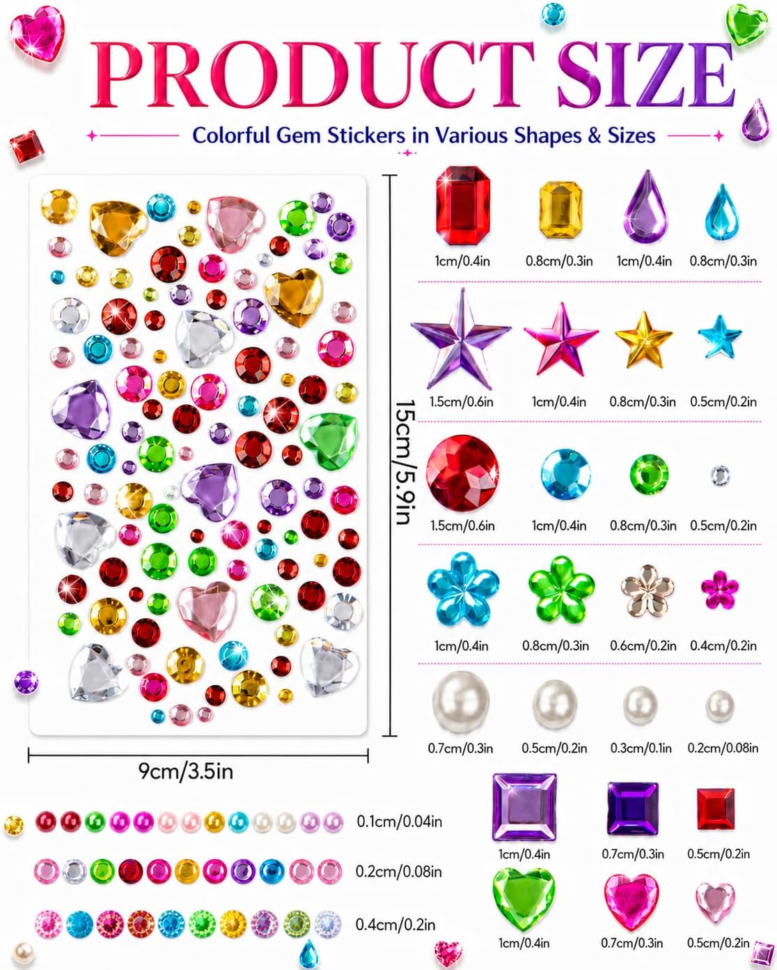 3062Pcs Gem Stickers-Self-Adhesive Face Jewelry Stickers, Acrylic Gems DIY Crafts, Sparkling Heart-Shaped Rhinestone, for Party & Holiday Supplies