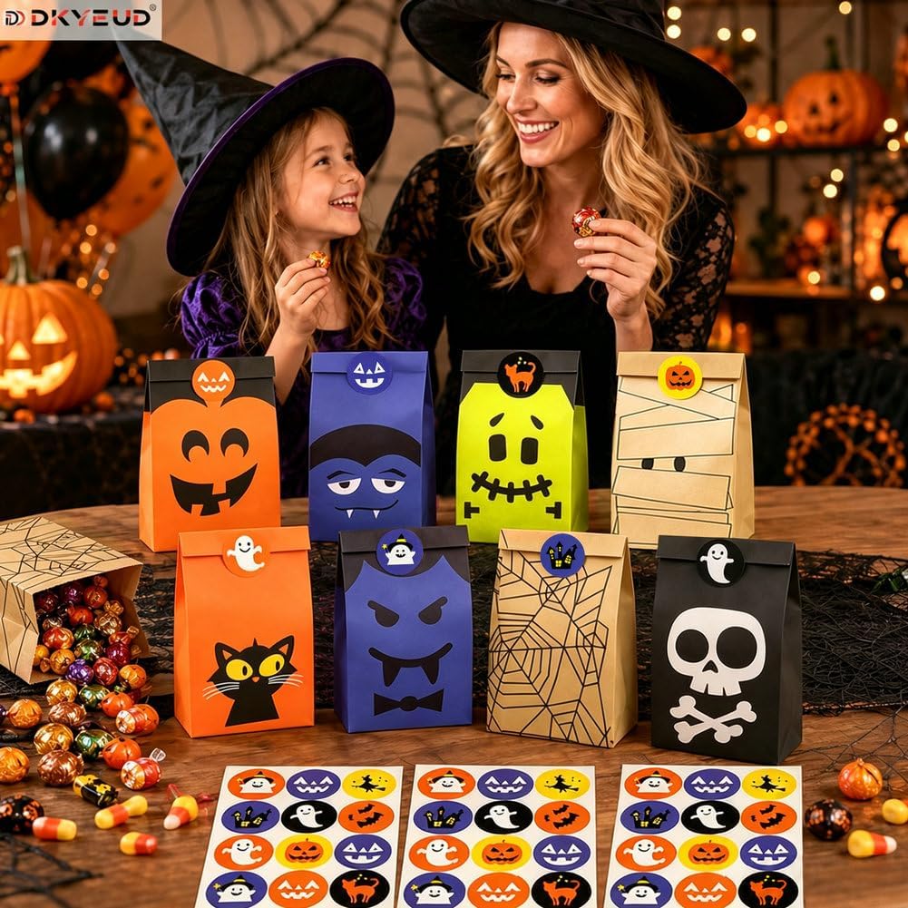 DKYEUD 32 Pcs Halloween Paper Candy Bags with 36 Stickers, 8 Designs, for Trick or Treat, Halloween Party Favors, Snacks, Cookies, Gift Packaging and Holiday Decor