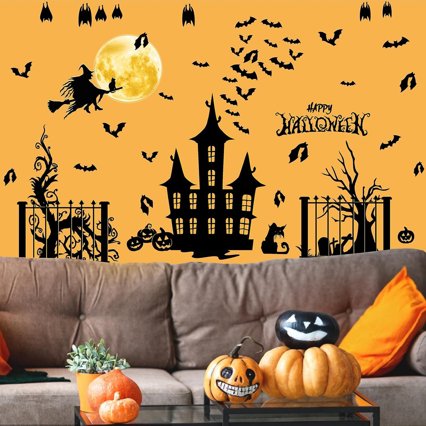 Halloween Moon Bat Wall Decals Witch Haunted House Tree Wall Stickers Decor