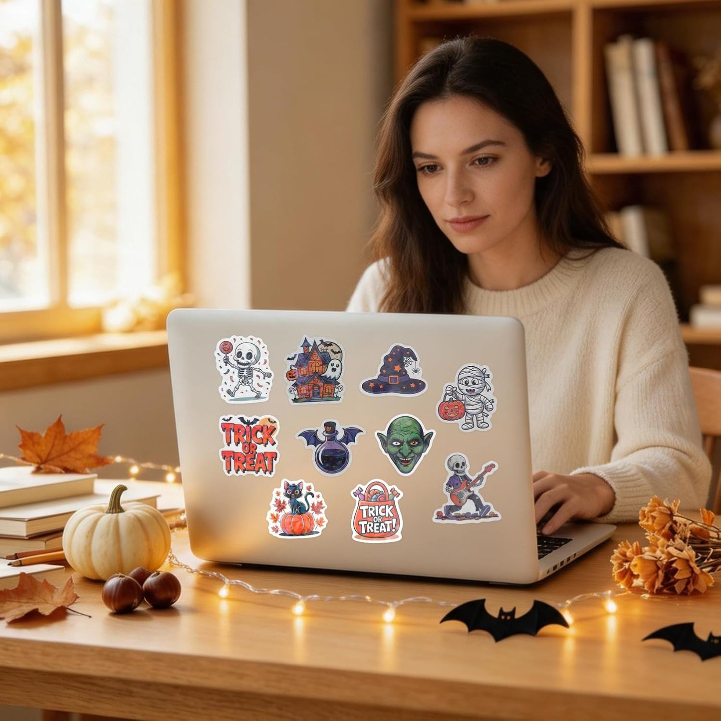 Halloween Stickers, 100Pcs Self Adhesive Halloween Stickers Bulk, Waterproof Vinyl Pumpkin Ghost Sticker Decals for Scrapbooking Envelopes DIY Crafts Holiday Trick or Treat Halloween Party Decorations