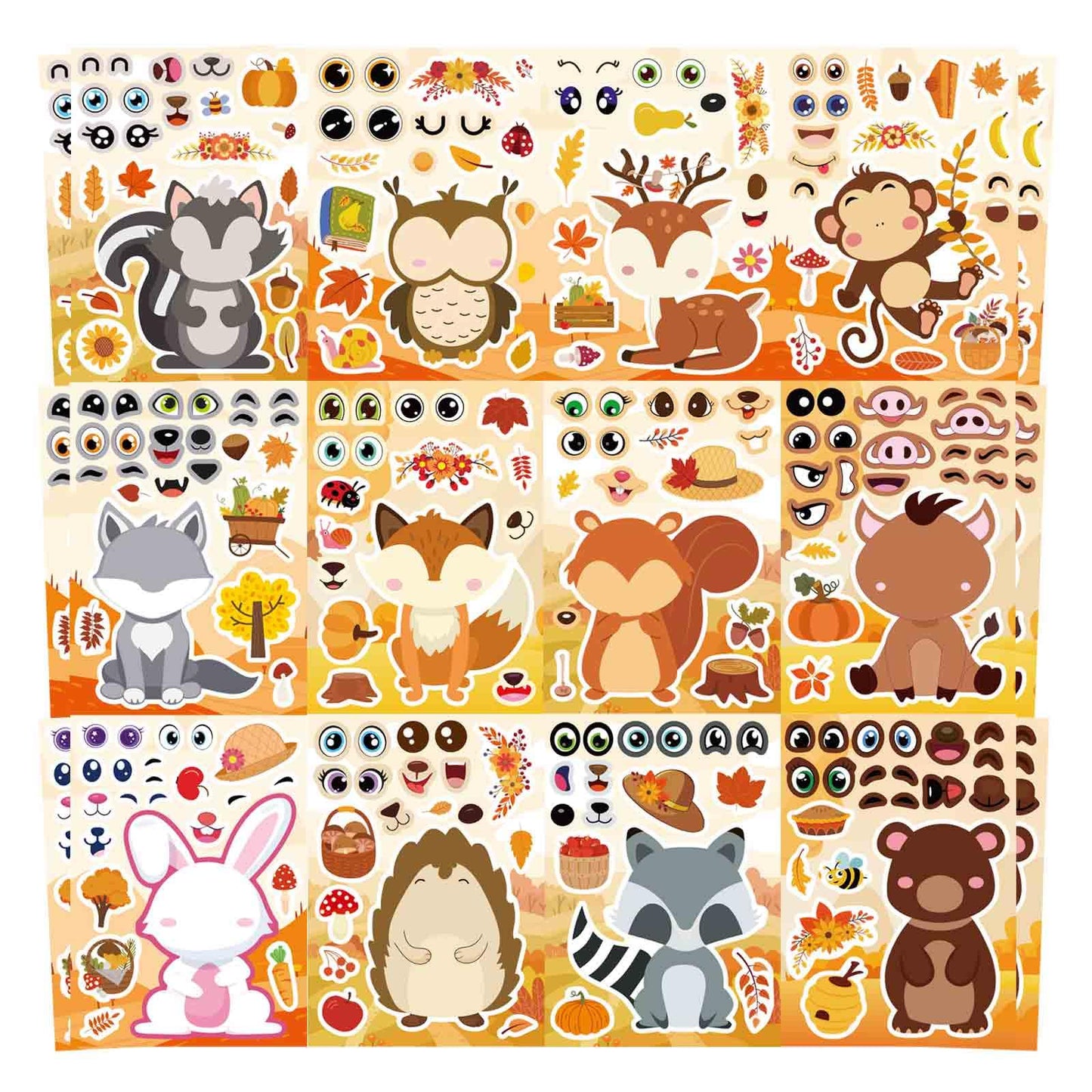Fall Stickers for Kids Toddlers, Autum Animal Stickers Make-a-face Sticker