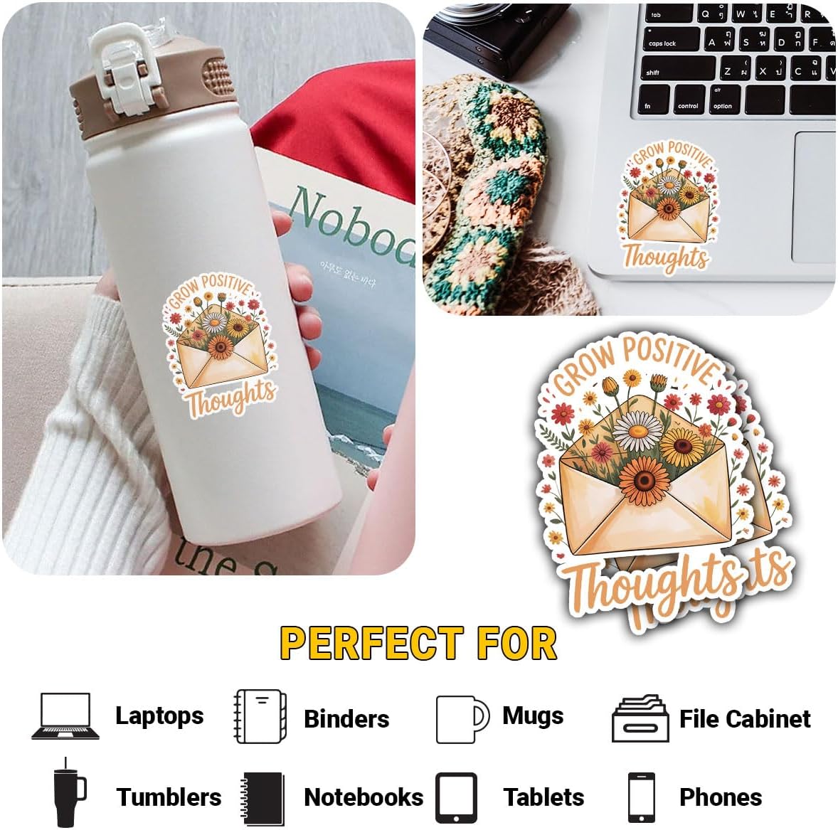 (3pcs-3in) Grow Positive Thoughts Sticker Stickers Motivational Quote Packs