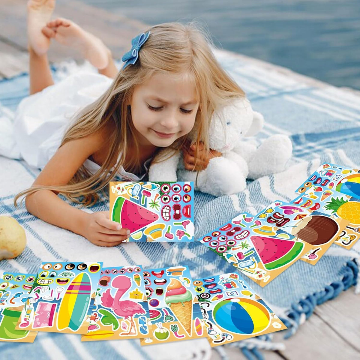 32 Sheets Summer Stickers for Kids, Make a Face Sticker Hawaii Tropical Pool Beach Stickers, Make Your Own Watermelon Pineapple Flamingo Sticker for Tropical Luau Party, Summer Holiday Party Favors