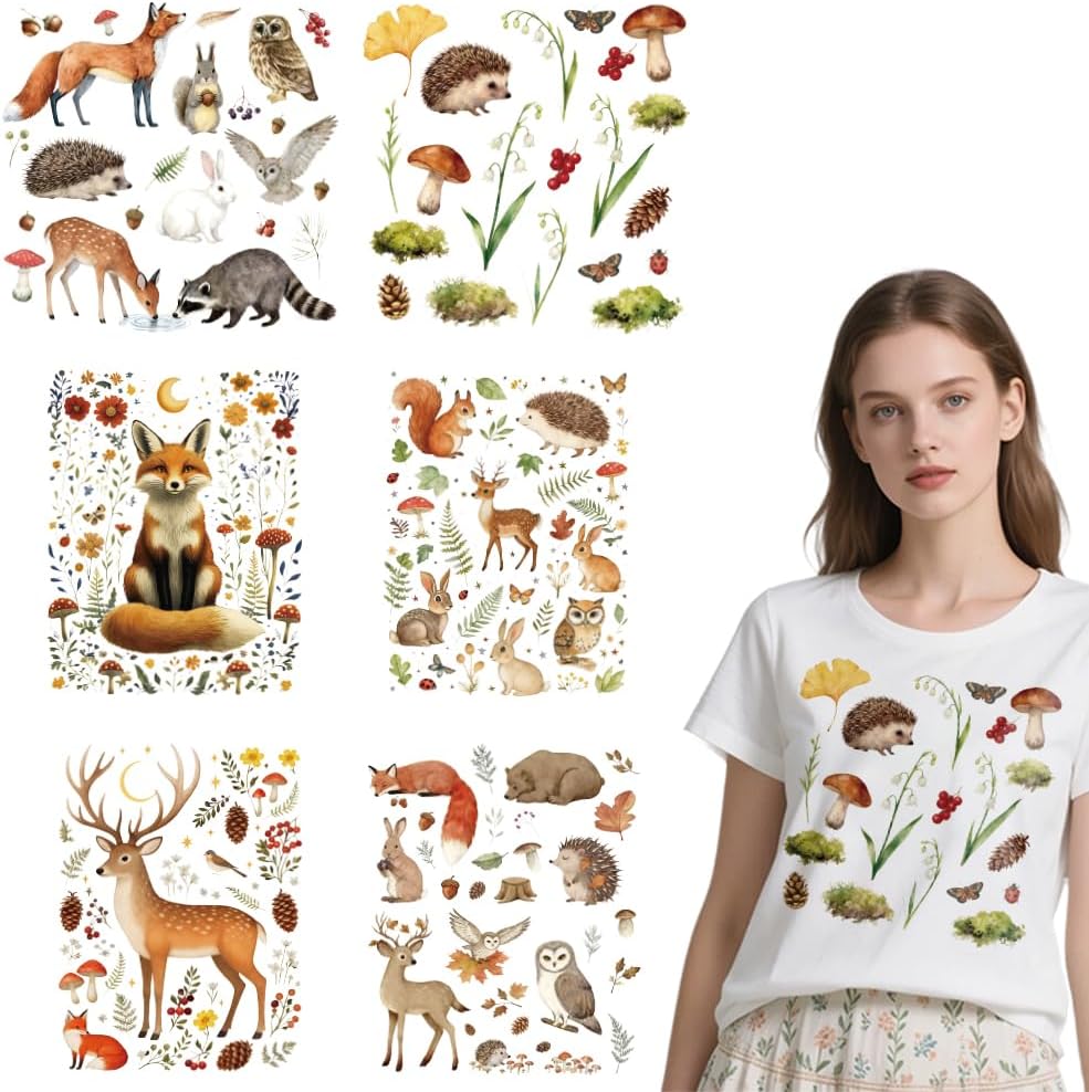arricraft 6 Sheets Animals and Plants Theme Iron on Decals Patches, Forest Animals Plants and Flowers Patterns Transfer Stickers PET Washable Patches for DIY Clothes Decor, 9.45 inch(24cm) Long