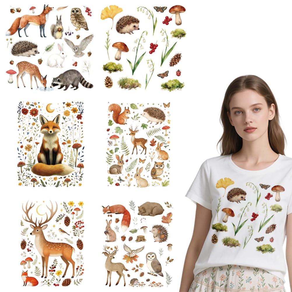 arricraft 6 Sheets Animals and Plants Theme Iron on Decals Patches, Forest Animals Plants and Flowers Patterns Transfer Stickers PET Washable Patches for DIY Clothes Decor, 9.45 inch(24cm) Long