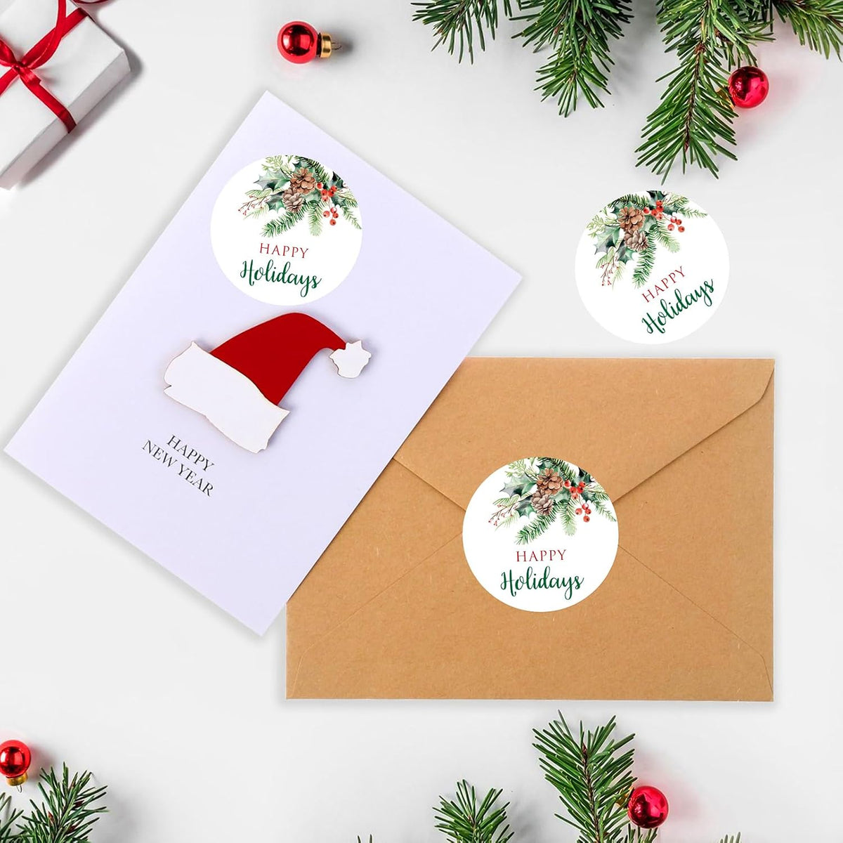 G2PLUS Happy Holiday Stickers - 120 Pcs Christmas Holiday Stickers, 2'' Round Xmas Holly Berry Labels Winter Seasonal Envelopes Seals