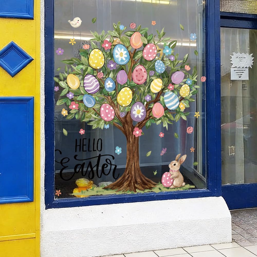6 Sheets Extra Large Easter Egg Tree Window Clings 31.5 Inch for Kids Home School Office Classroom Party Supplies