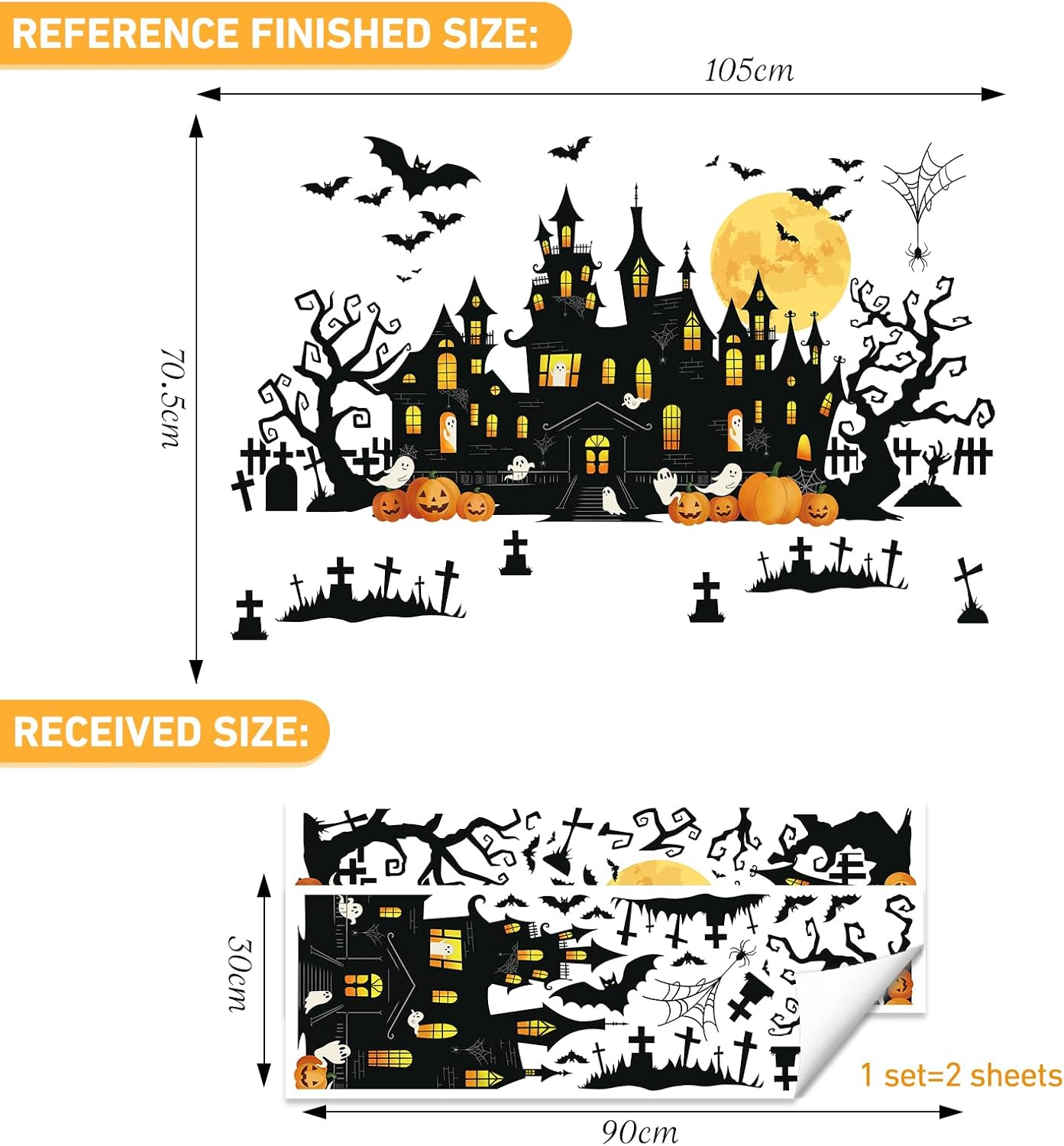 SHUCHING Halloween Black Castle Wall Decal, Bat Pumpkin Wall Sticker
