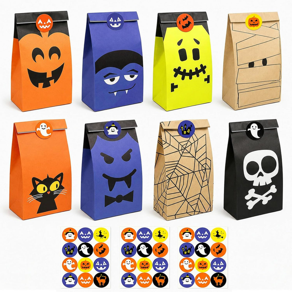 DKYEUD 32 Pcs Halloween Paper Candy Bags with 36 Stickers, 8 Designs, for Trick or Treat, Halloween Party Favors, Snacks, Cookies, Gift Packaging and Holiday Decor