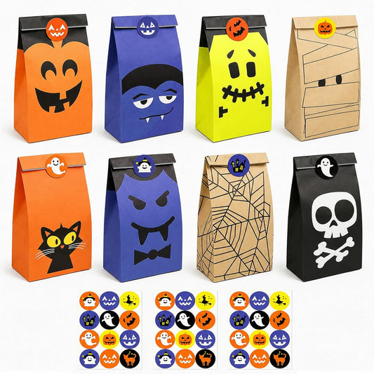 DKYEUD 32 Pcs Halloween Paper Candy Bags with 36 Stickers, 8 Designs, for Trick or Treat, Halloween Party Favors, Snacks, Cookies, Gift Packaging and Holiday Decor