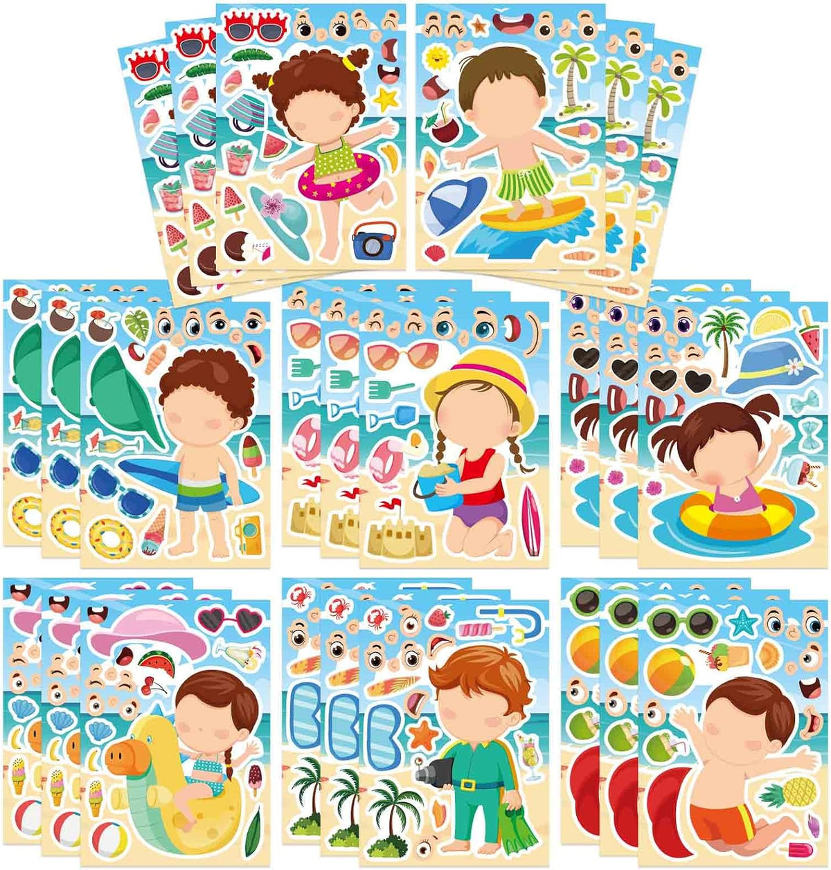 24PCS Summer Stickers for Kids, Make-a-face Stickers, Make Your Own Sticker