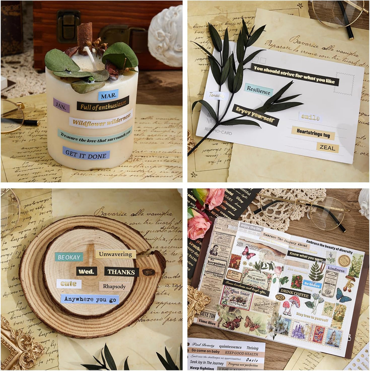 2500+ Pcs Word Stickers for Journaling, 50 Sheets Quote Sticker Gold Foil Art Scrapbook Supplies for Junk Journal, Scrapbooking Supplies for Bullet Journal Craft Small Talk Stickers for DIY Gift Card