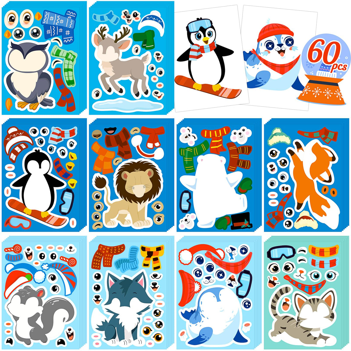 60Sheets Summer Animal Stickers Crafts Bulk, Hawaiian Beach Tropical Make-A-Flamingo/Bee/Fish Face Sticker Holiday Gifts Luau Pool Activity Games Goodie Bag Stuffer Party Favors(Small Size)