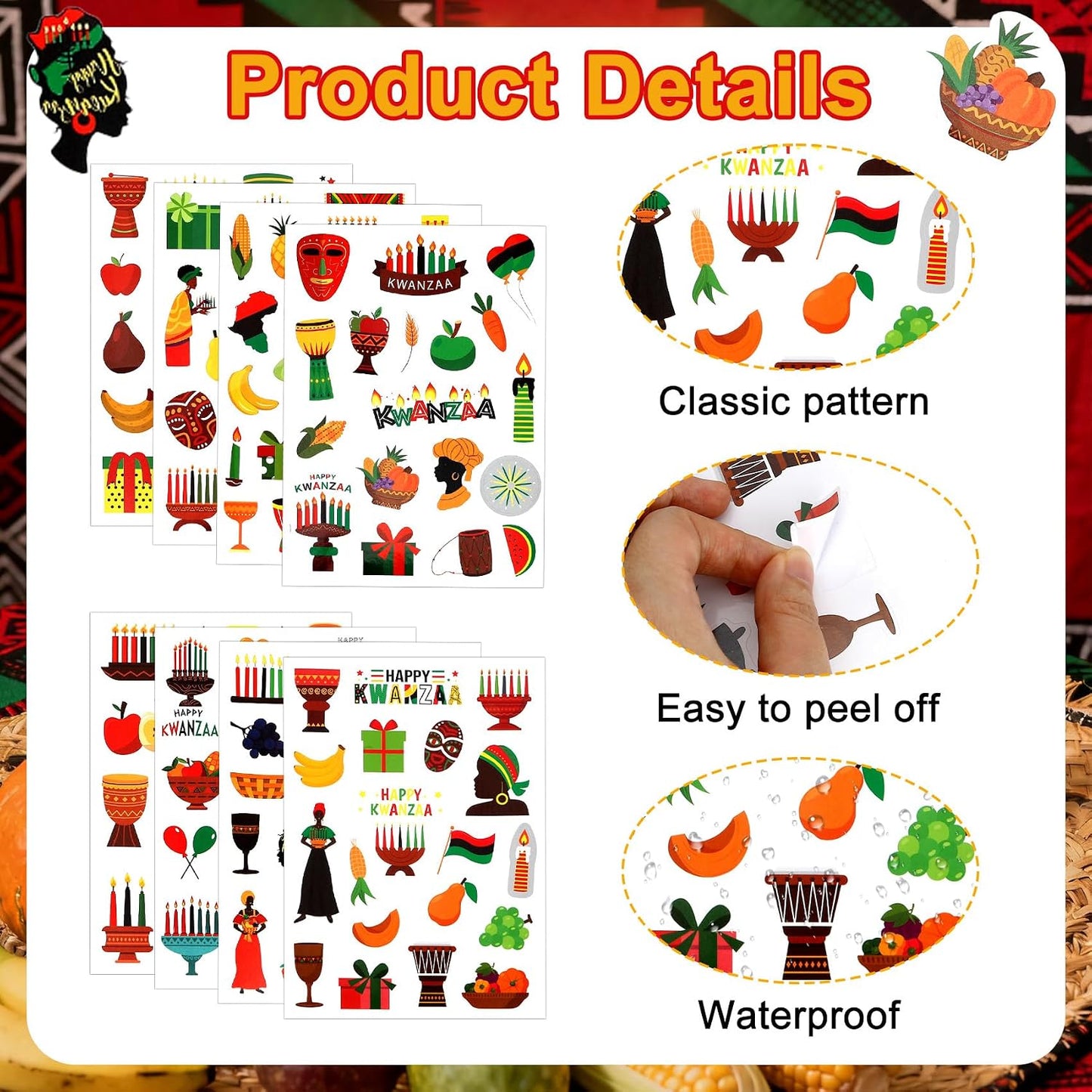 Kwanzaa Stickers, 426 PCS Happy Kwanzaa Stickers, 24 Sheets Self-Adhesive African American Festival Holiday Sticker Crafted Decals for Scrapbooking Activity Decorations Party Favors