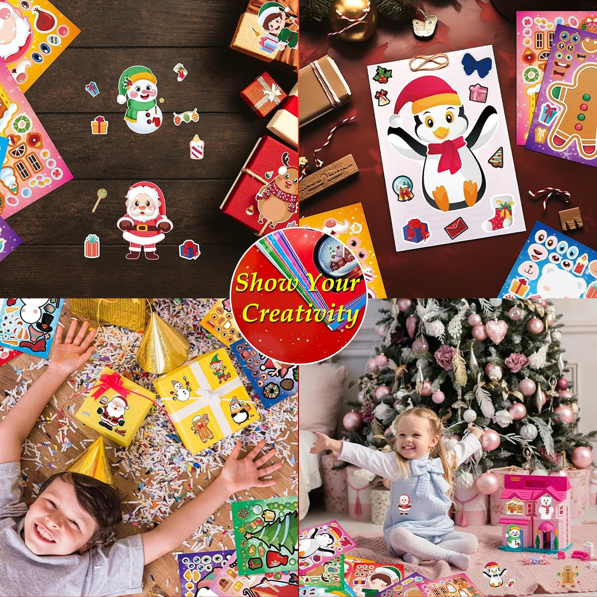 Aowplc Christmas Stickers 64 Sheets Make Your Own Christmas Characters Stickers for Kids Holiday Party Favors Crafts Activities Supplies