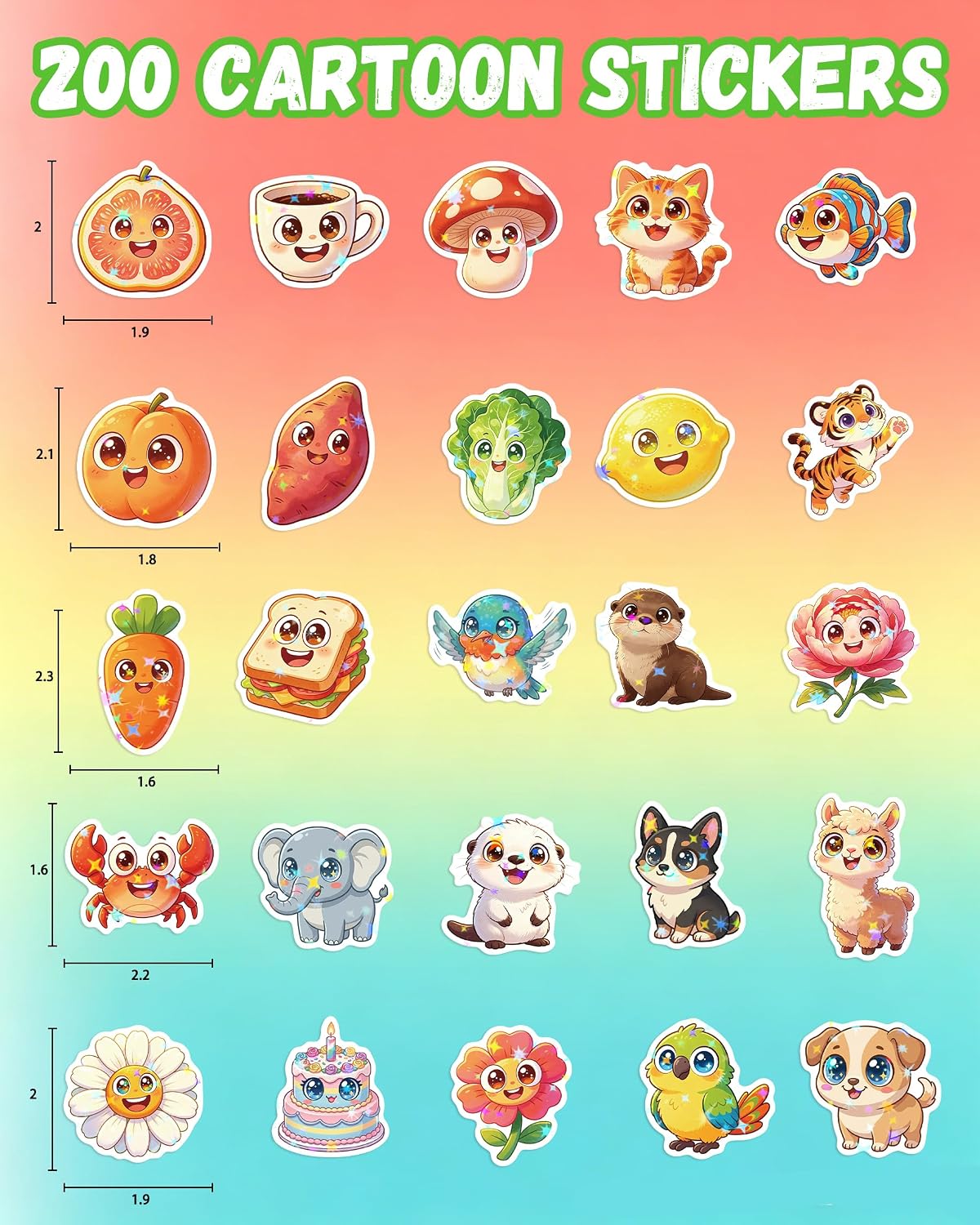 200PCS Cute Big Eye Stickers for Kids, Waterproof Kawaii Mixed All Big Eye Animal Plant and Food Vinyl Scrapbook Stickers for Water Bottle, Stationery, Luggage, Kids Party Essentials