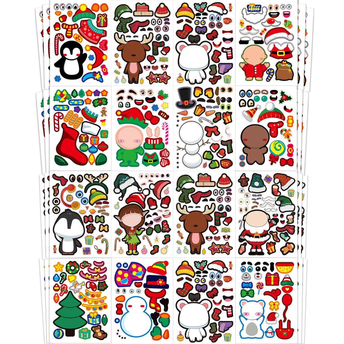 Aowplc Christmas Stickers 64 Sheets Make Your Own Christmas Characters Stickers for Kids Holiday Party Favors Crafts Activities Supplies