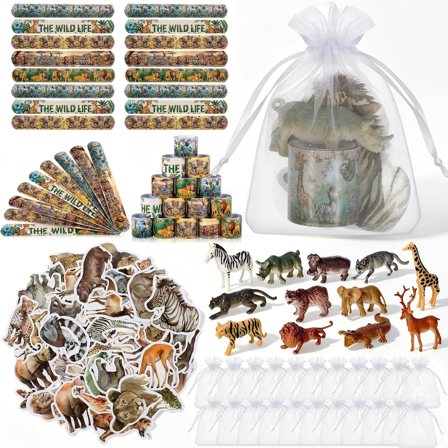 Realspring 122 Pcs Wild Life Party Favors, Slap Bracelets Stickers