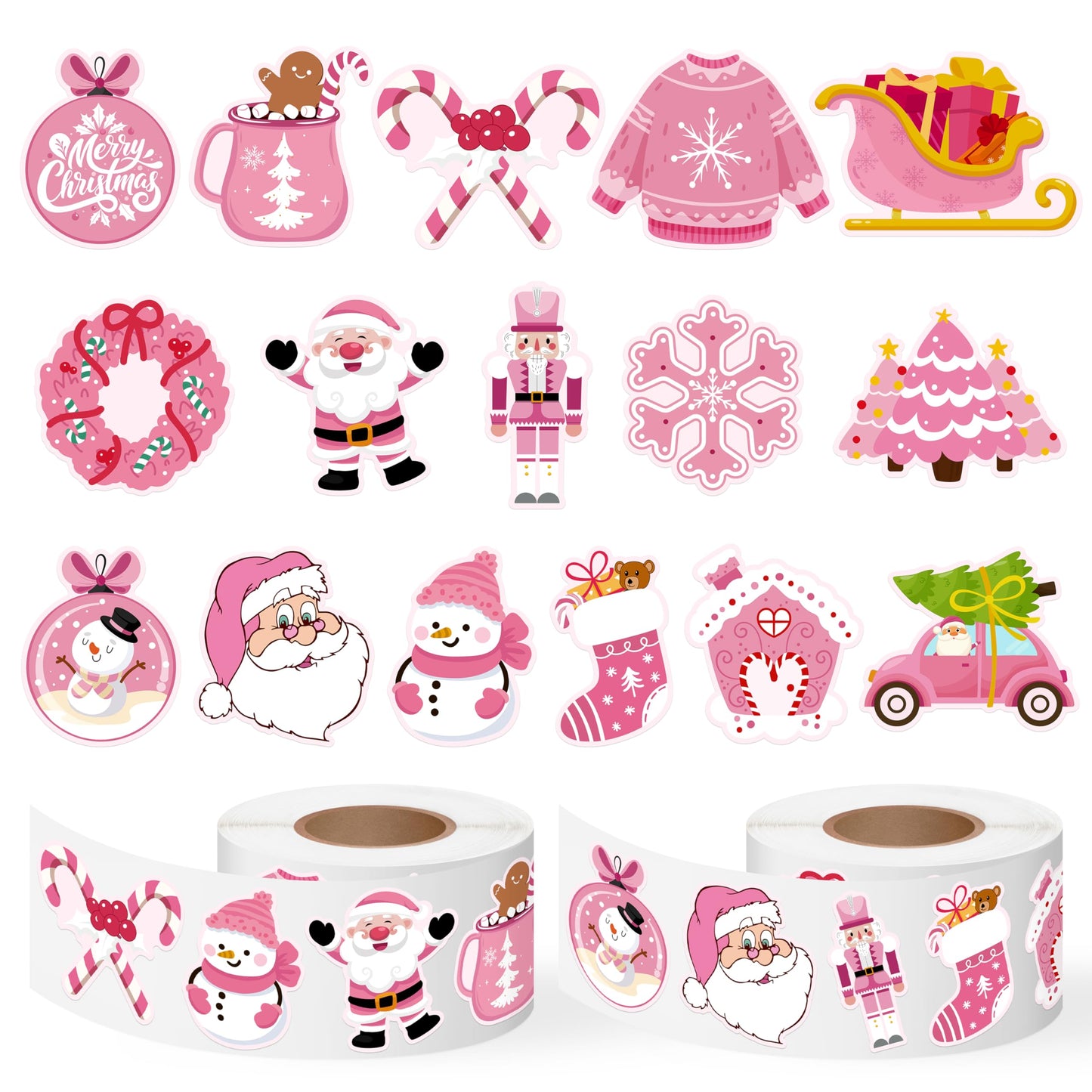 1000Pcs Pink Christmas Stickers Rolls Xmas Tree Santa Claus Nutcracker Snowman Self-Adhesive Decals Winter Wonderland Festive Holiday Party Favors DIY Crafts Gift Bottles Scrapbook Decor, 16 Designs