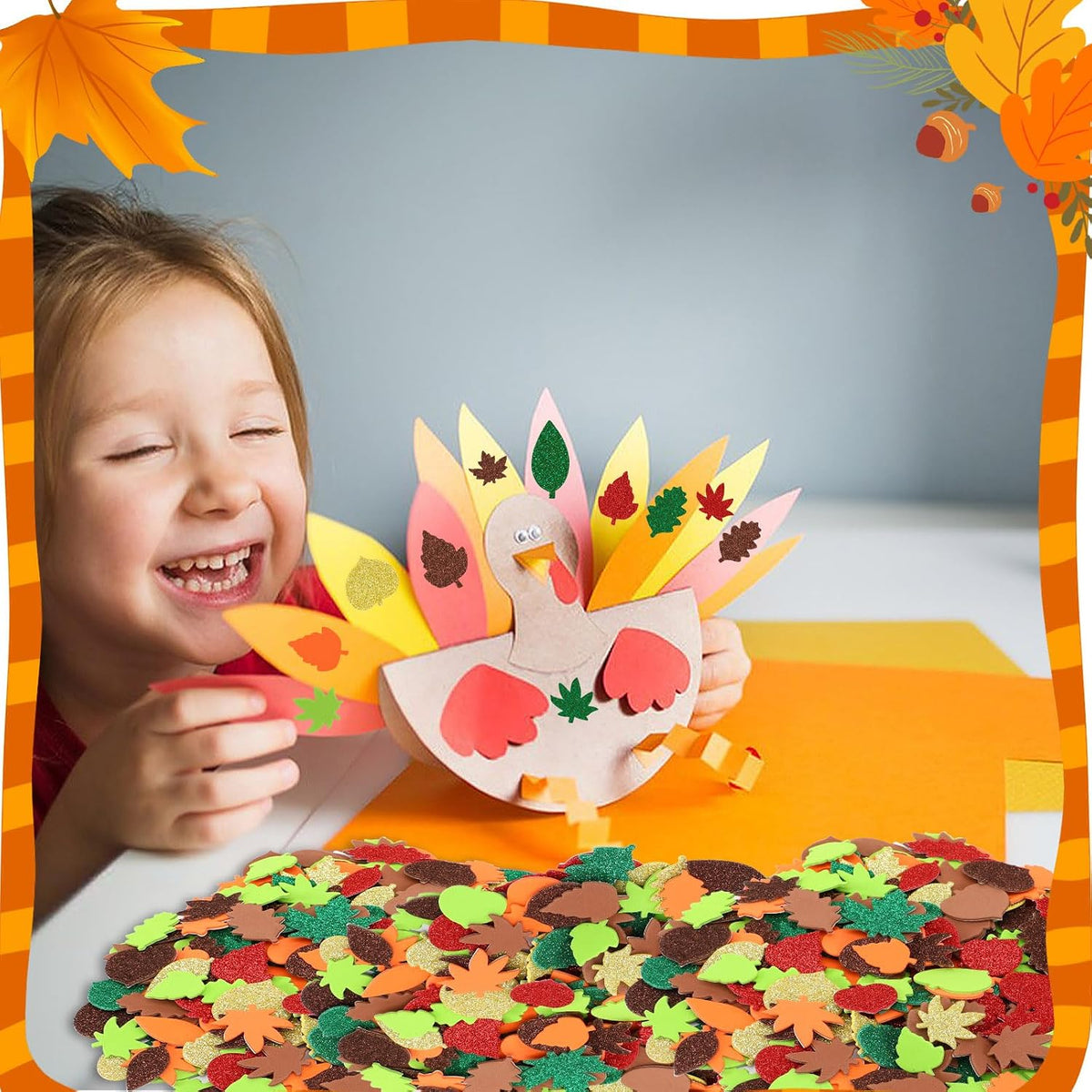 JULBEAR 300Pcs Fall Leaf Foam Stickers for Kids Autumn Thanksgiving Crafts