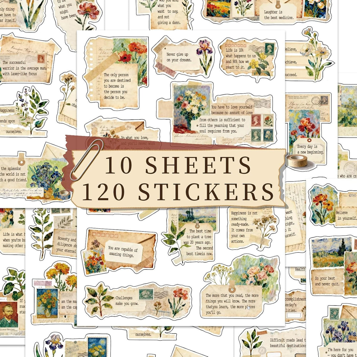 120Pcs Motivational Quote Stickers, Vintage Botanical Decal for Journaling