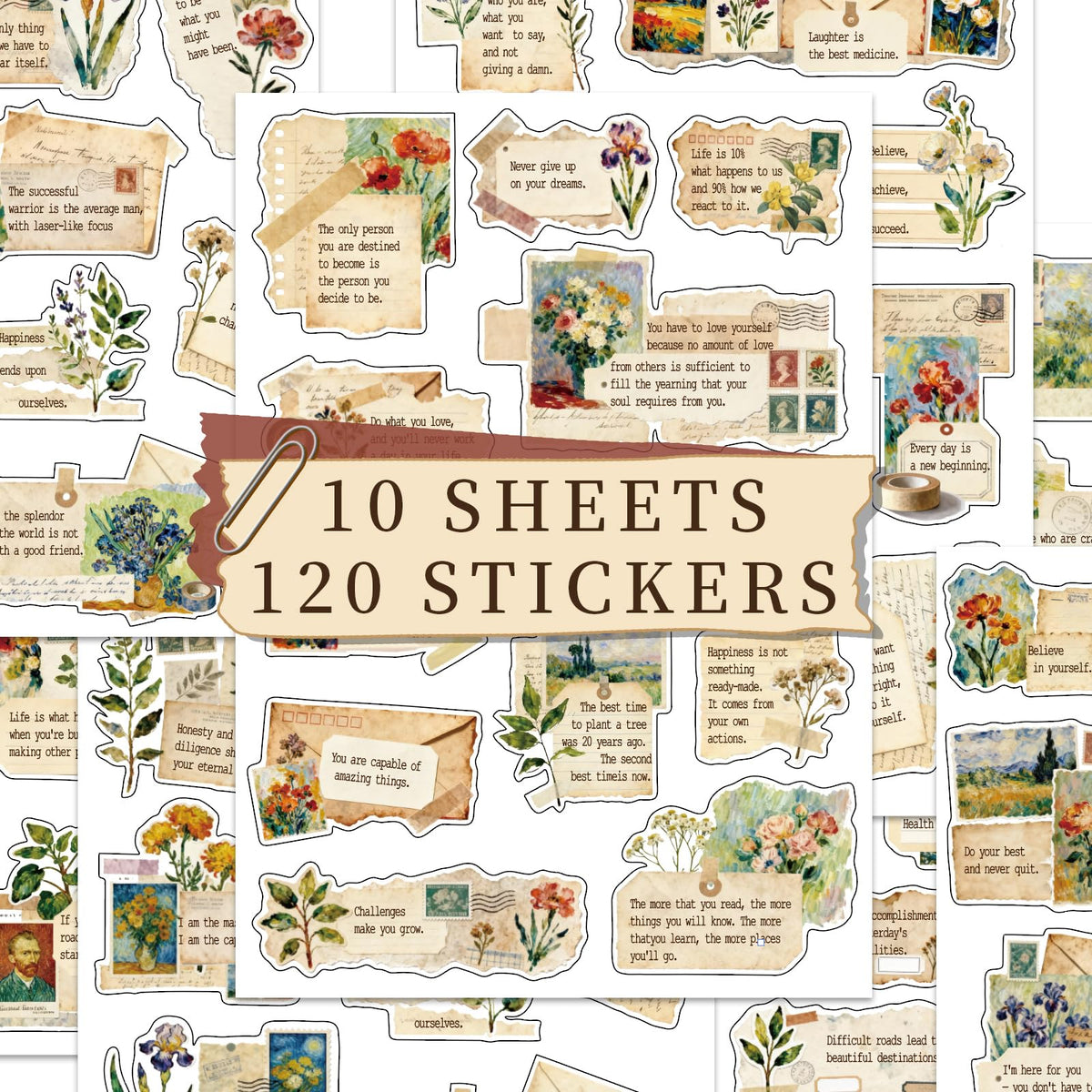 120Pcs Motivational Quote Stickers, Vintage Botanical Decal for Journaling
