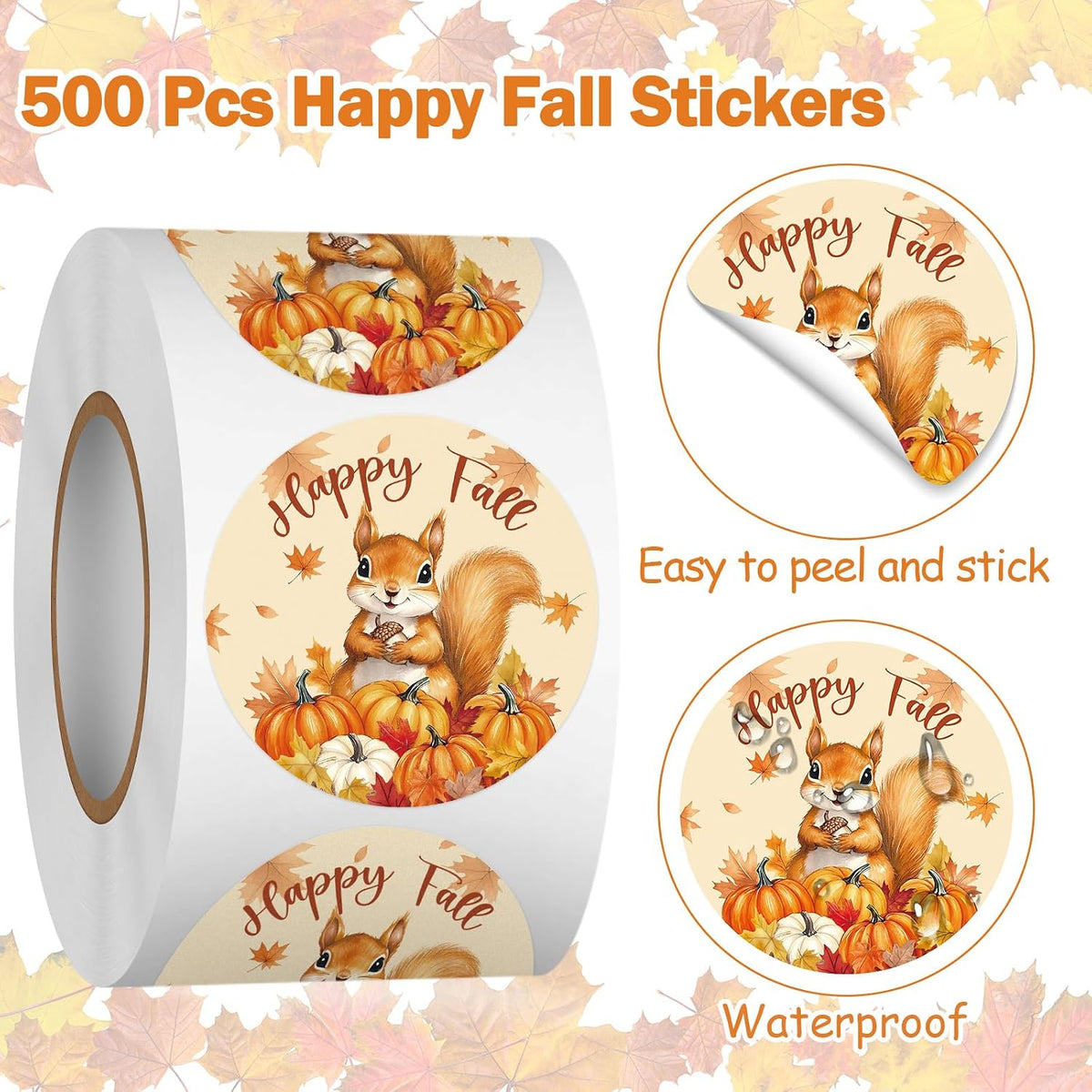 Louise Maelys 500 Pcs Happy Fall Stickers, 1.5Inch Autumn Squirrel Stickers