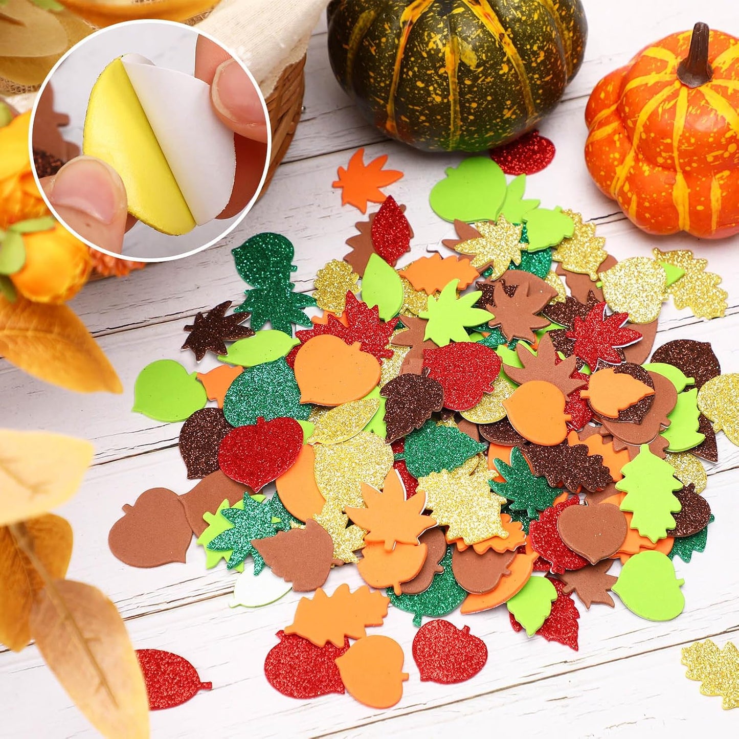 JULBEAR 300Pcs Fall Leaf Foam Stickers for Kids Autumn Thanksgiving Crafts